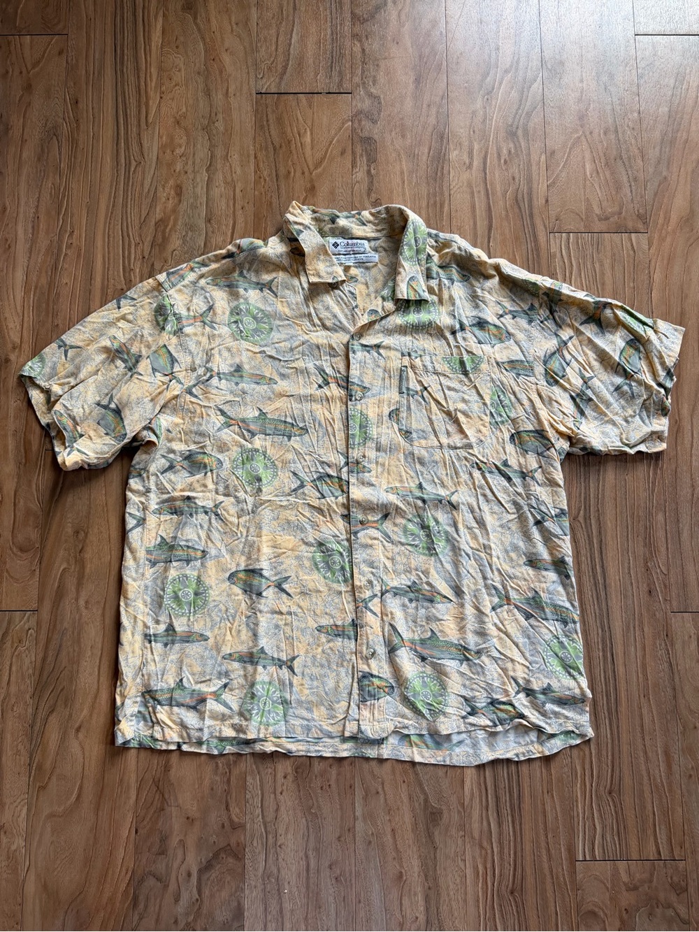 Vintage 90s Columbia fish patterned rayon button up shirt